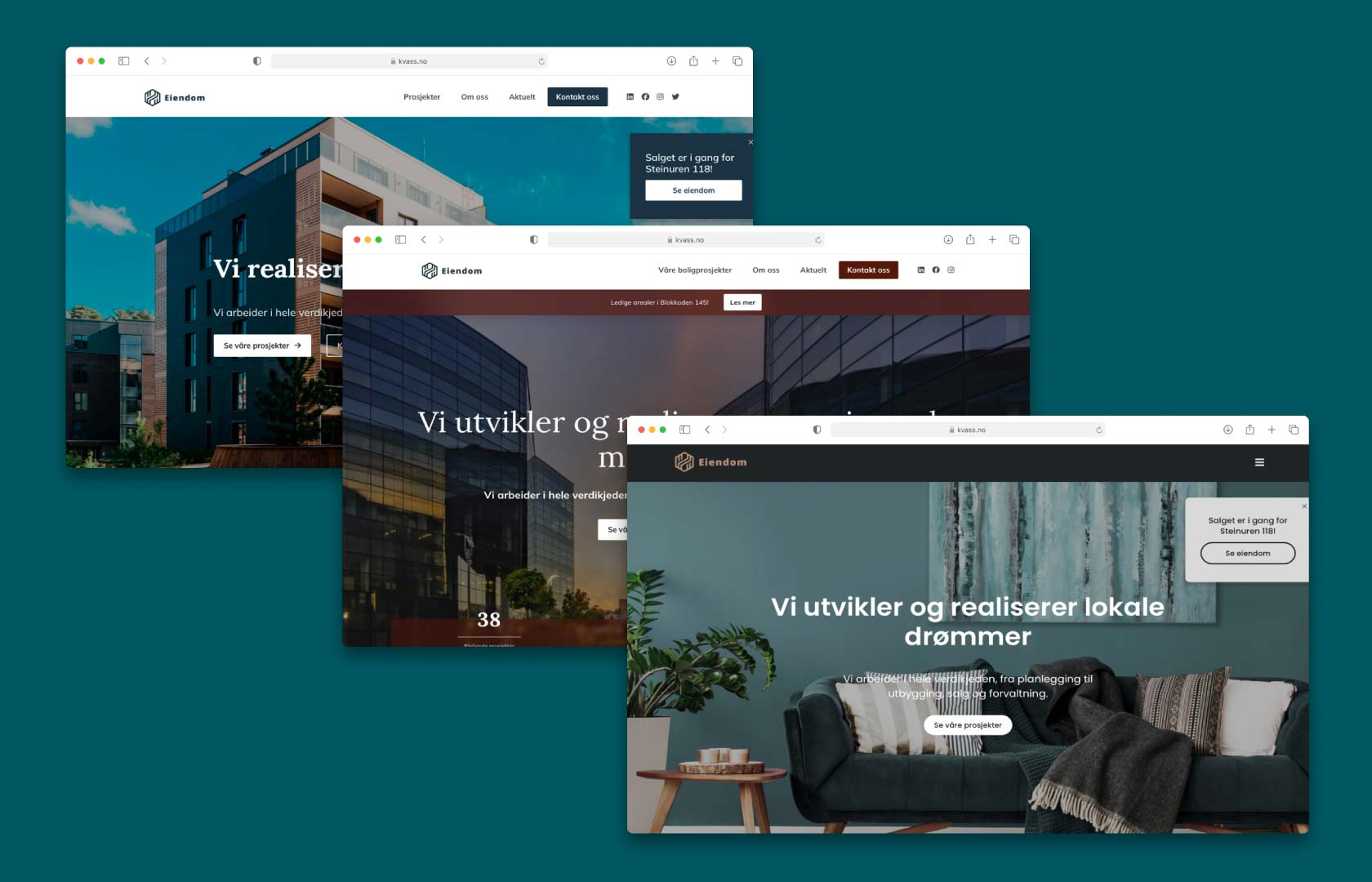Bilde av tre ulike designmaler for selskapssider i Kvass