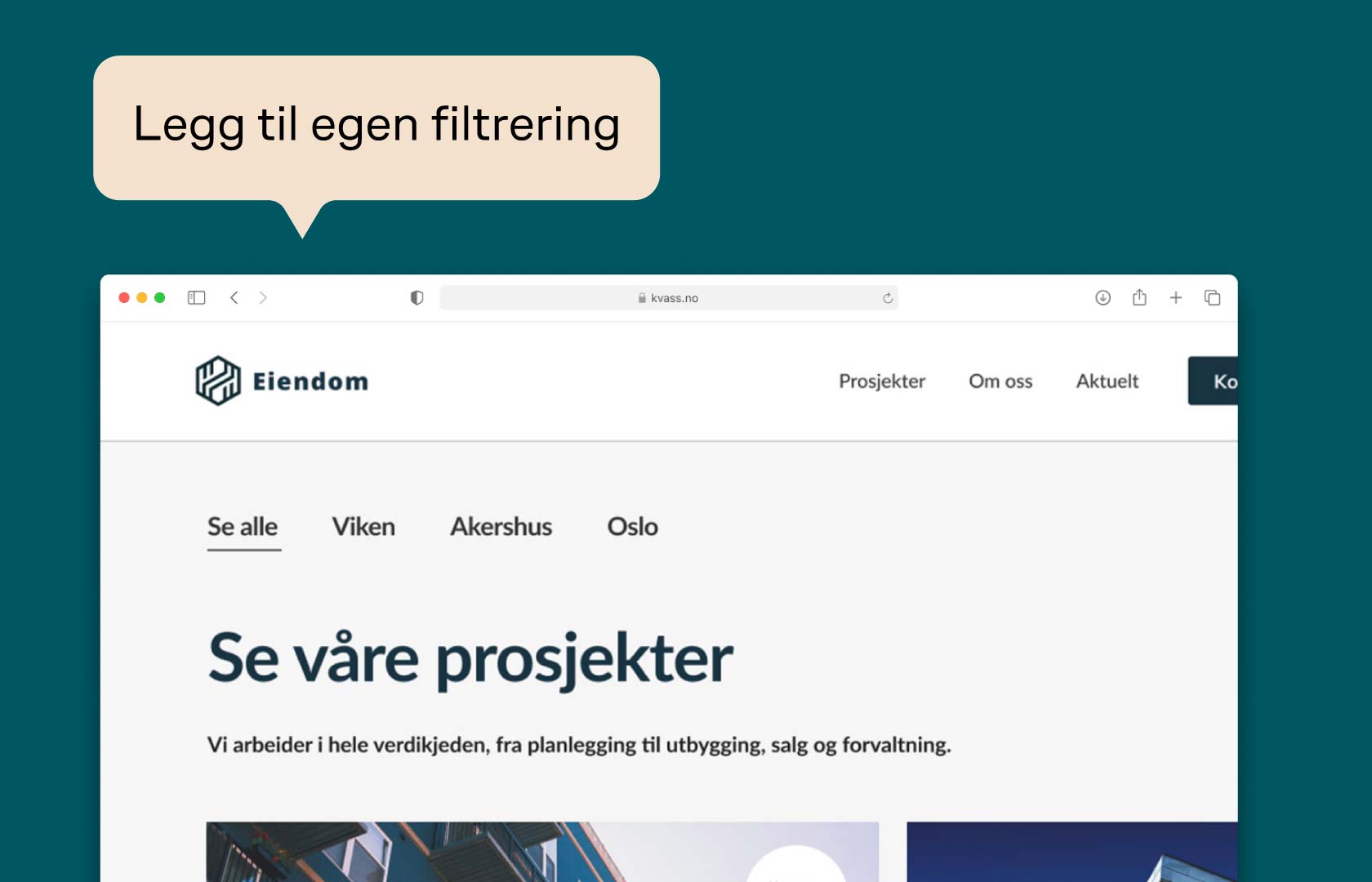 Utsnitt av filtrering på prosjektportalen i Kvass