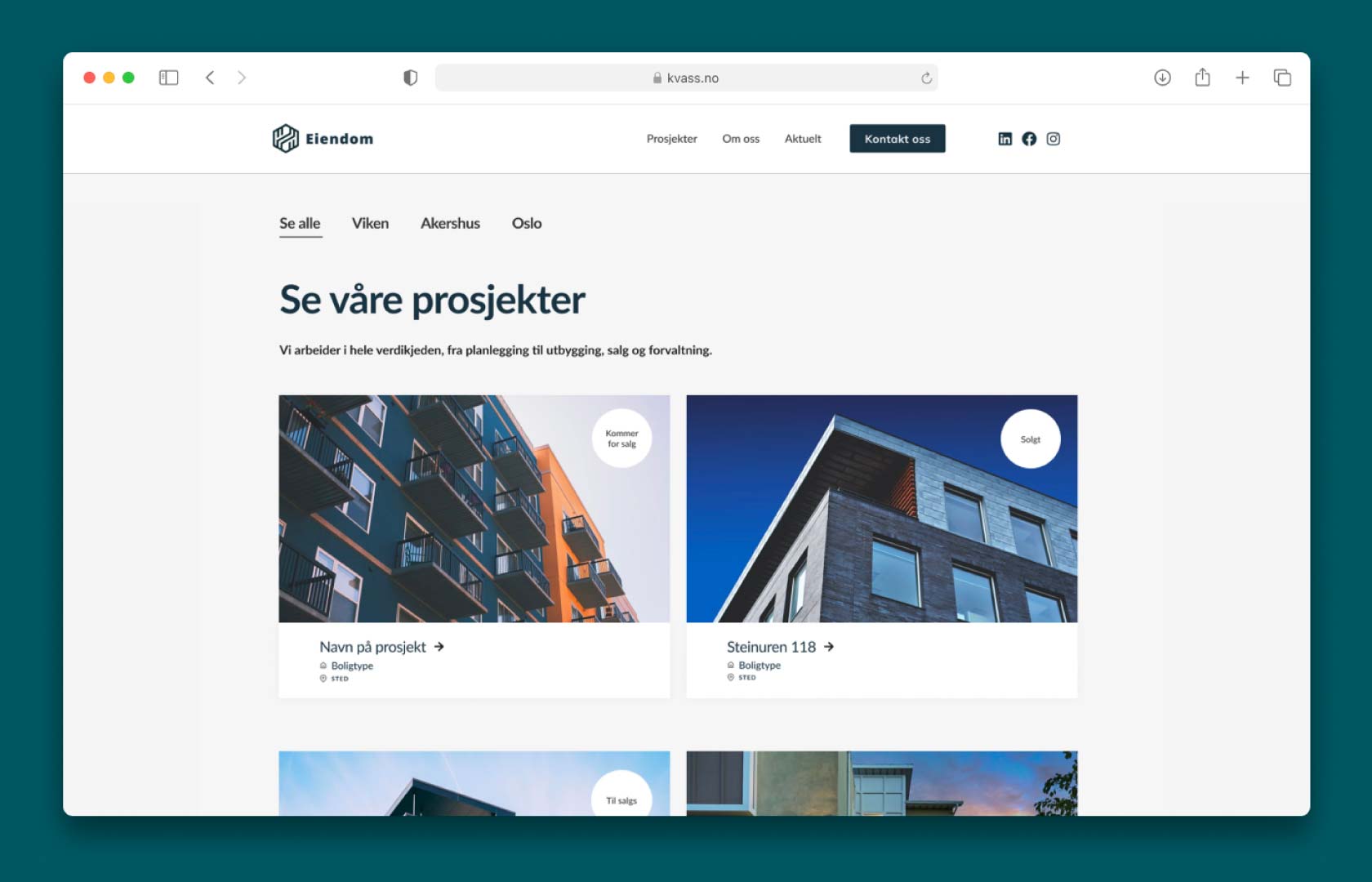 Skjermdump av en selskapsportal i Kvass, oversikt over alle dine eiendomsprosjekter på ett sted