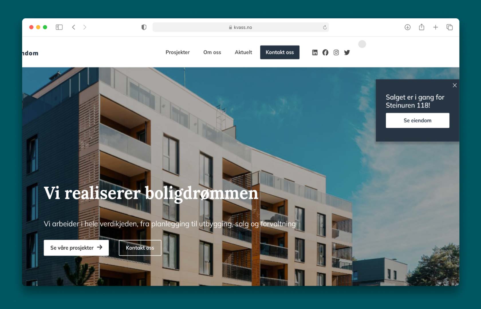 Skjermdump av selskapsside i Kvass som viser en nyhetsmodul for eiendommer