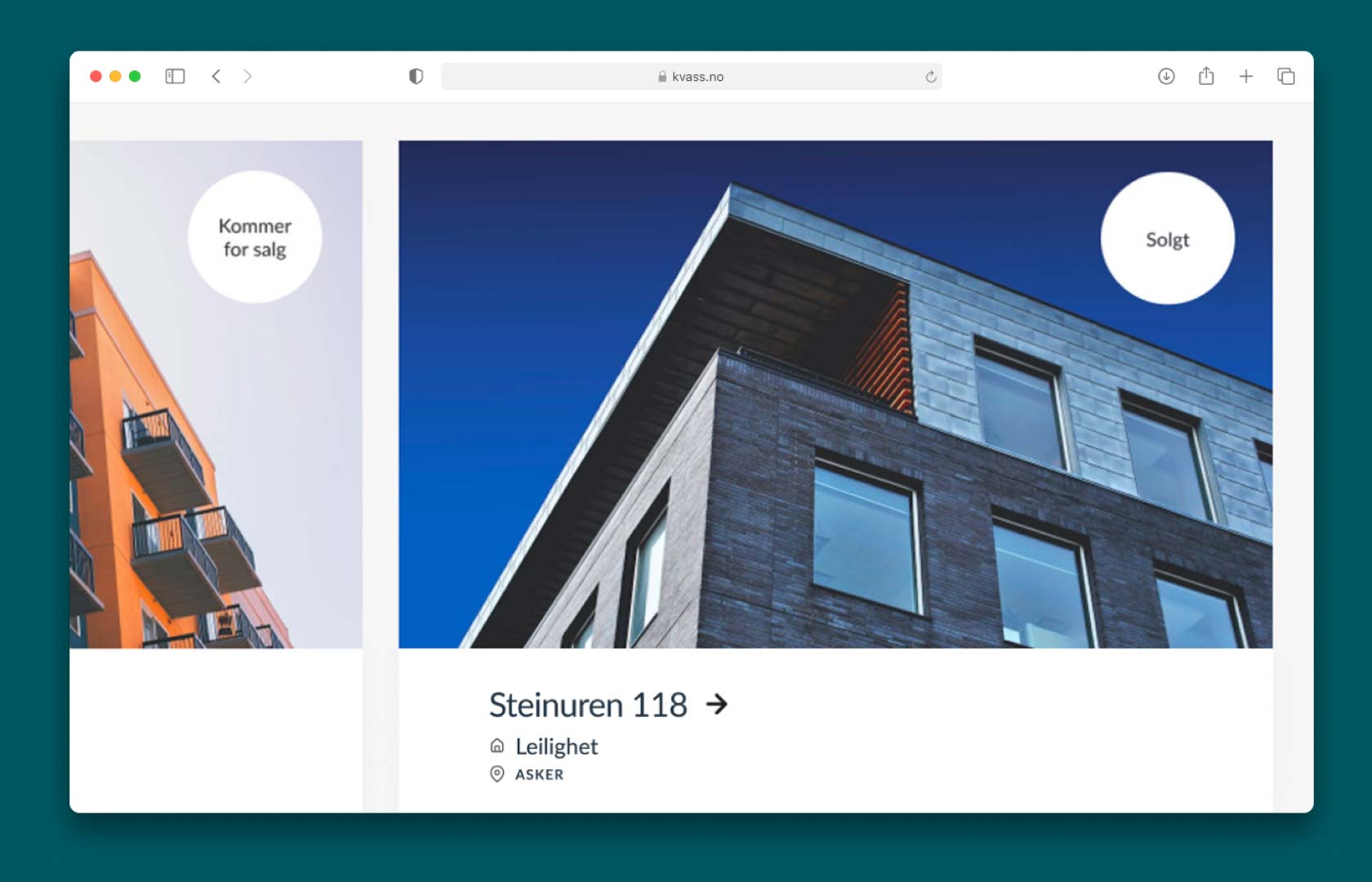 Usnitt fra eiendomsportal i Kvass med status på eiendommer