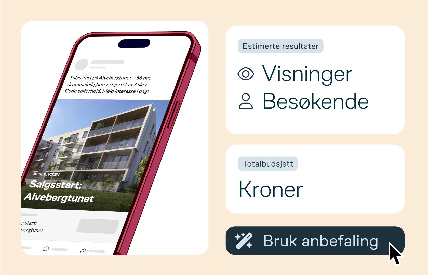 Illustrasjon av en mobil med mockup av en nyboligannonse, illustrerte felter for visninger, besøkende, budsjett og anbefaling