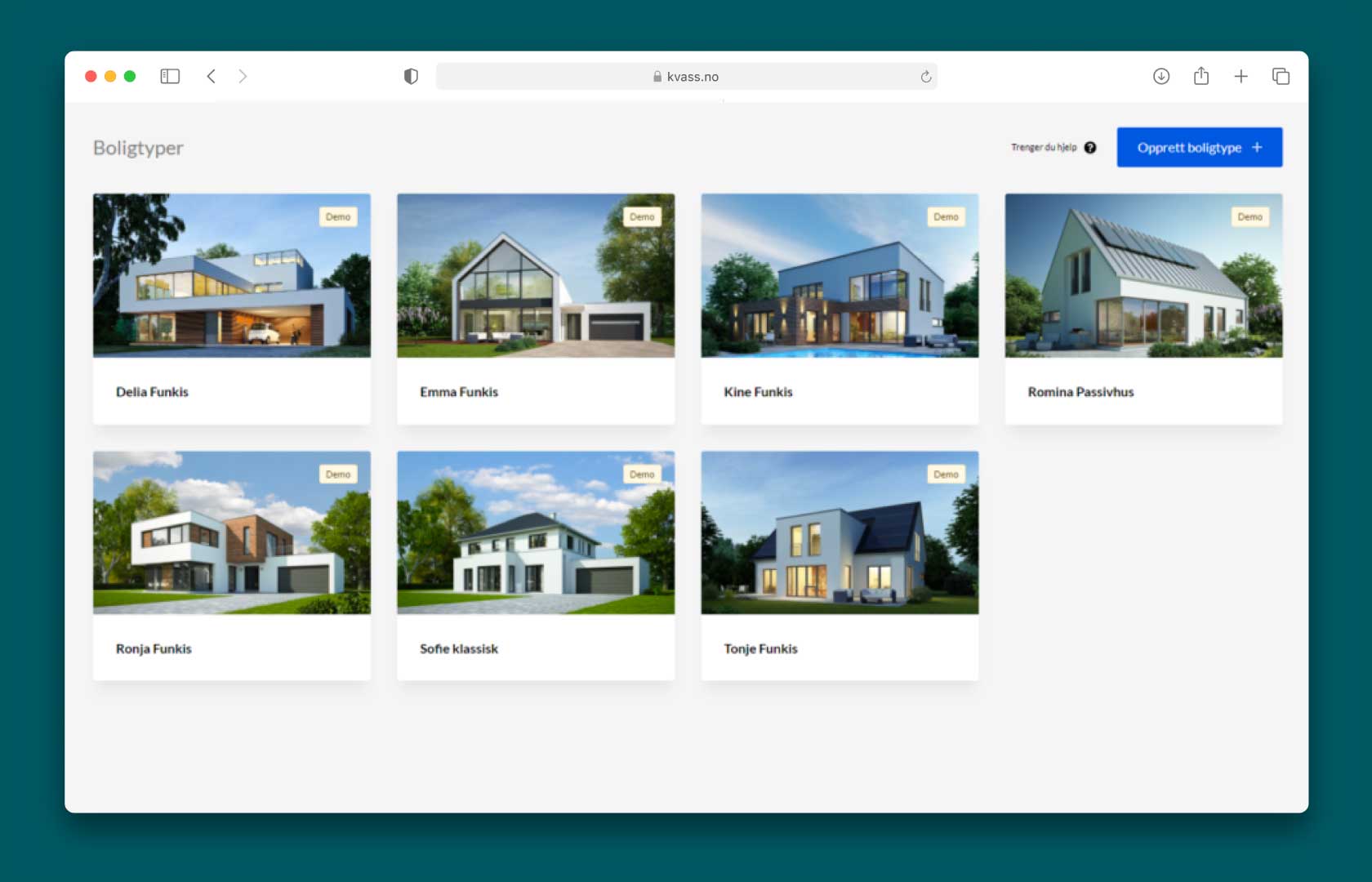 Skjermdump av Kvass CMS som viser boligtyper