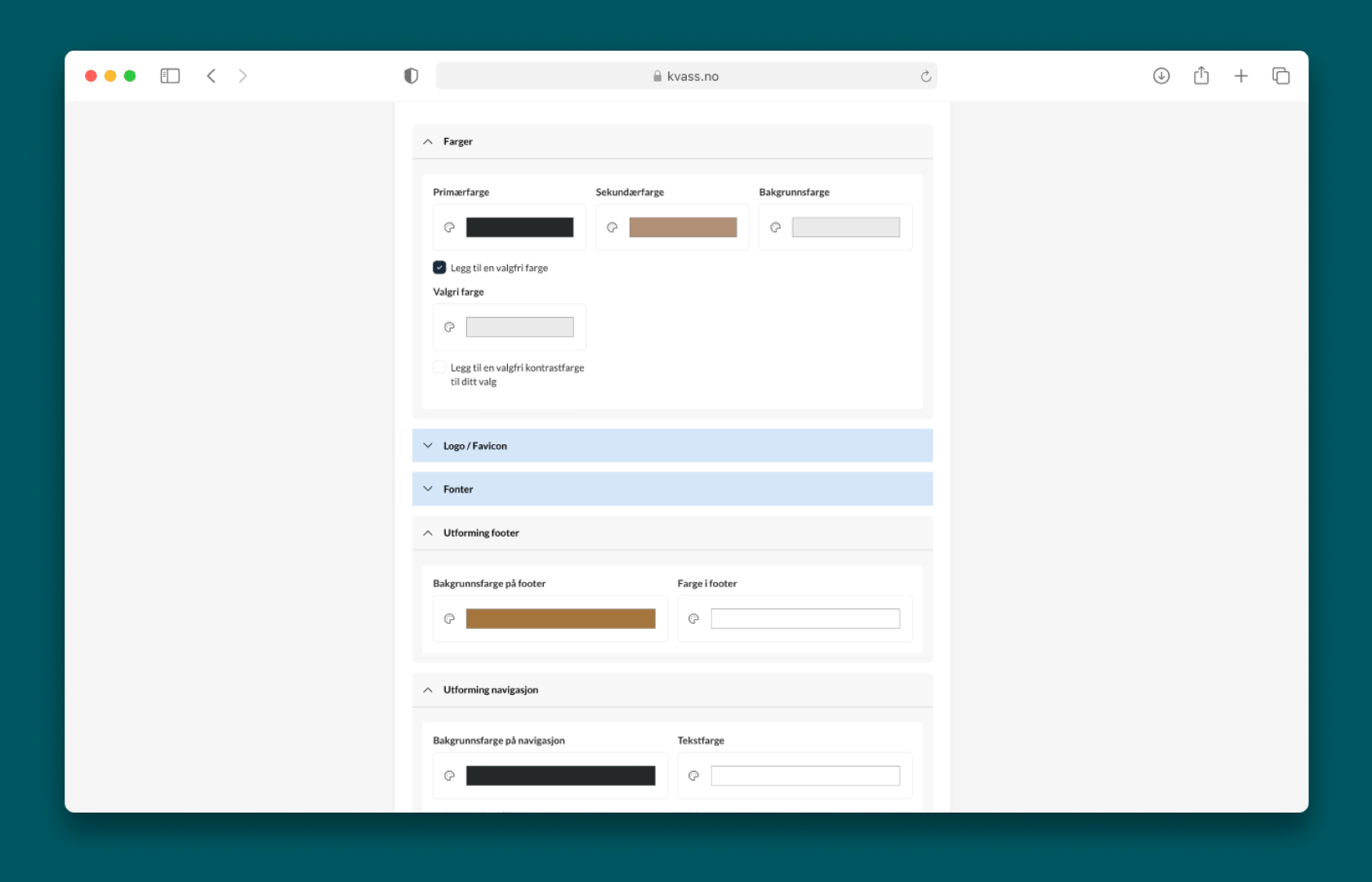 Velg mellom flere fargekombinasjoner i Kvass CMS