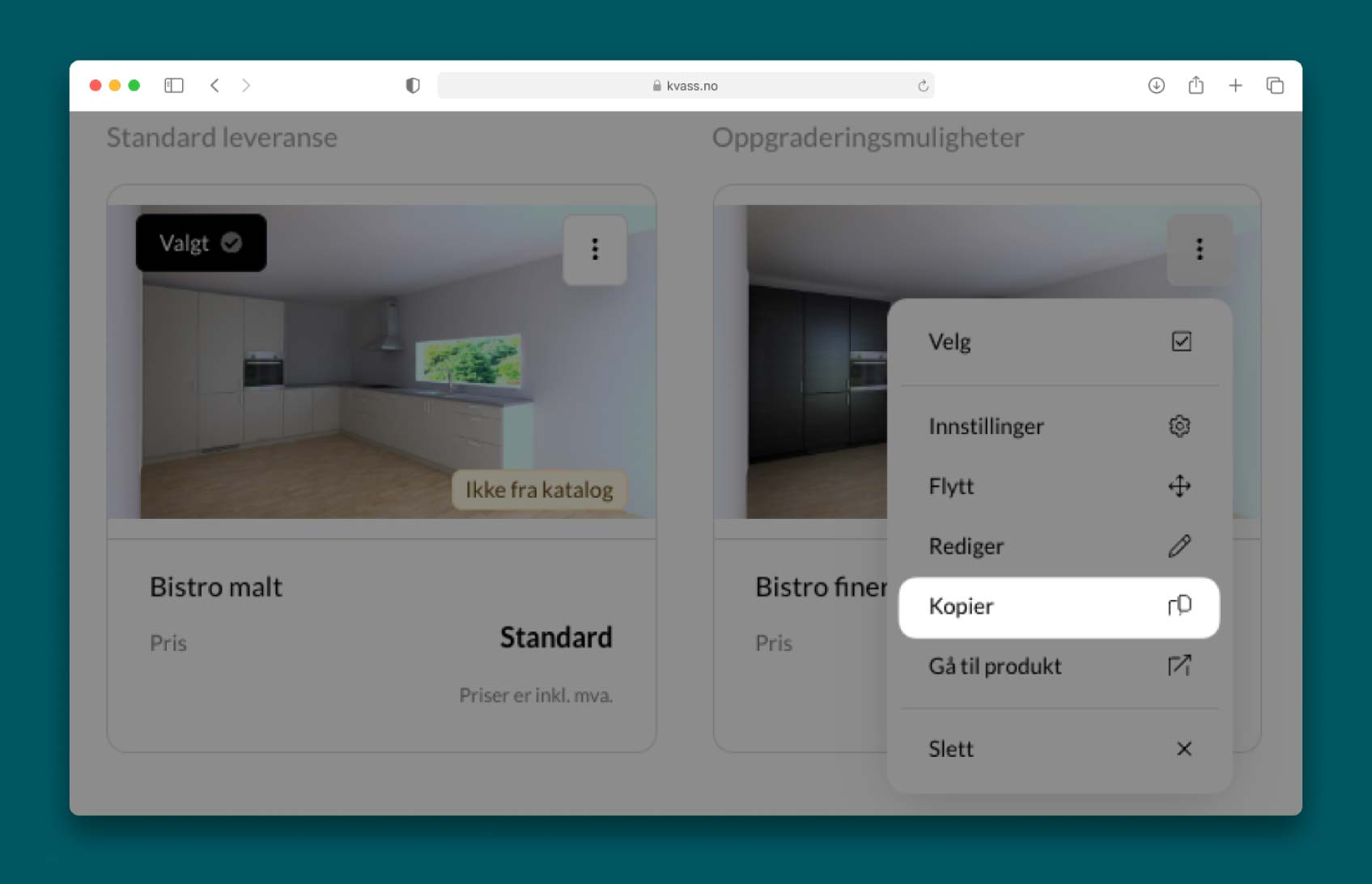 Skjermdump av tilvalgsbutikk i Kvass, duplisering av produkter
