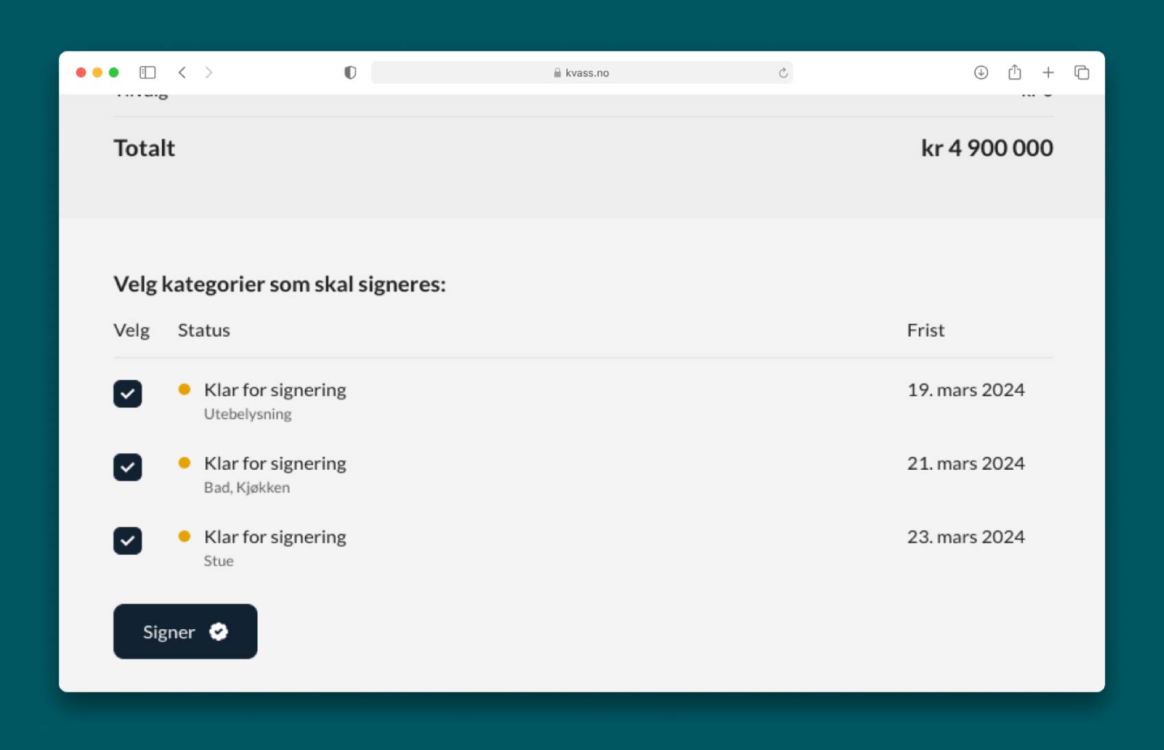 Skjermdump av forbedret signeringsprosess for kunder av tilvalg