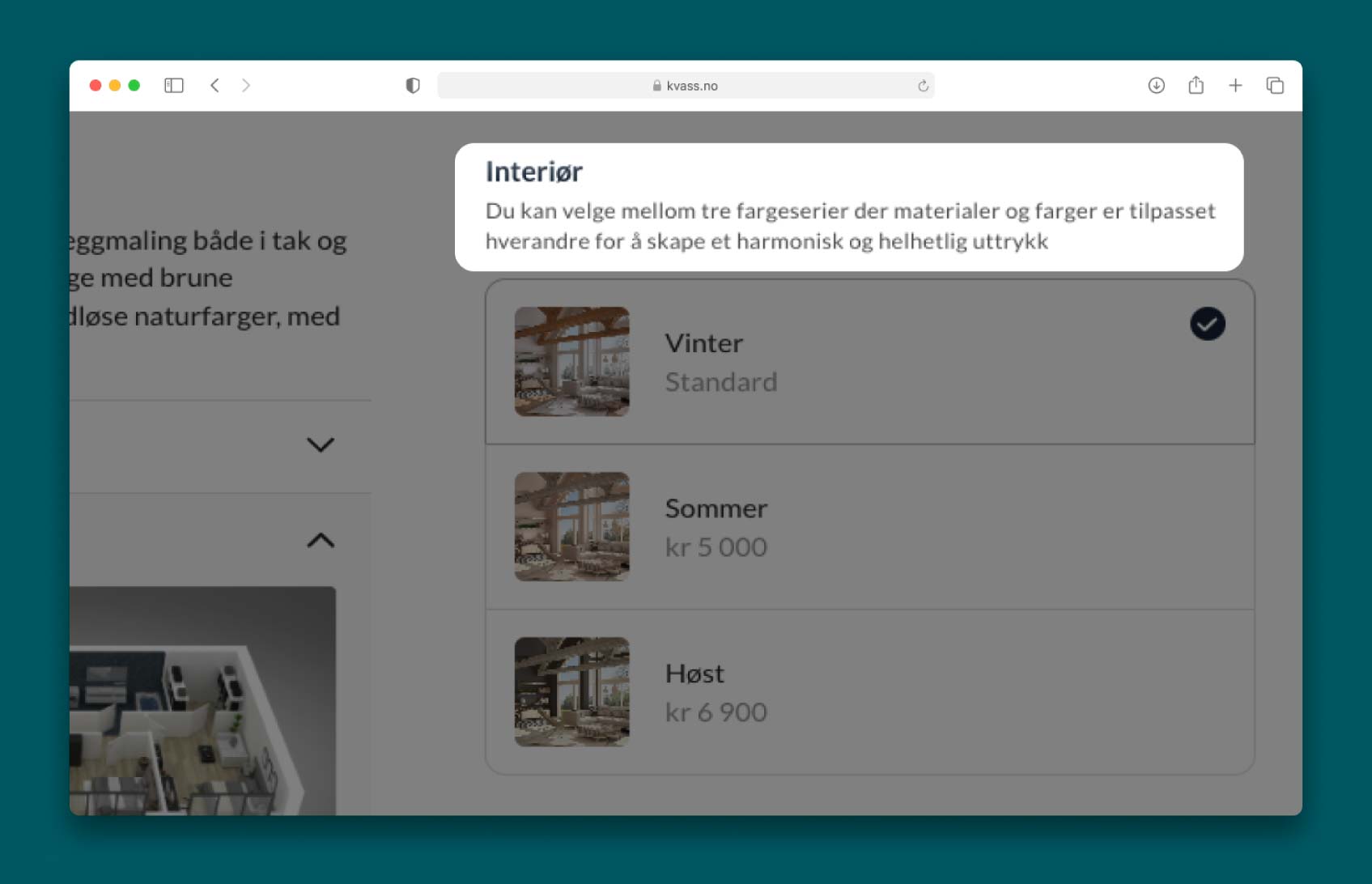 Skjermdump av tilvalgsbutikk i Kvass