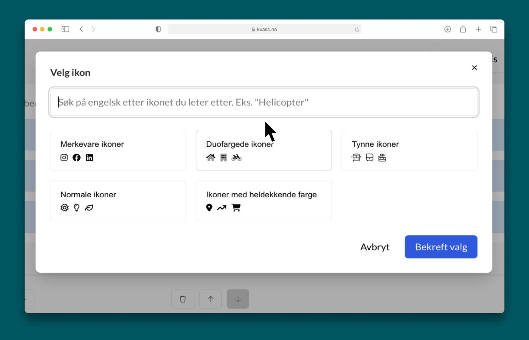 Velg mellom flere tusen ikoner til din prosjektside eller selskapsside for nybolig. Skjermdump av Kvass CMS hvor du kan velge mellom flere varianter av ikoner.