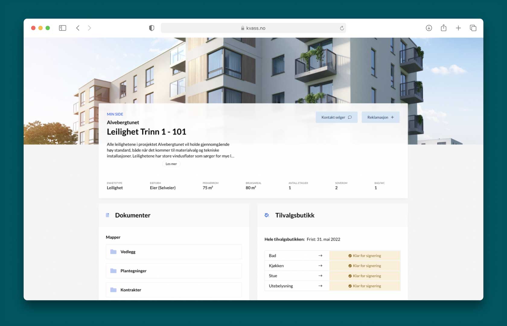 Skjermdump fra Kvass Min Side, kundedialog, lagring av dokumenter, kontrakter, FDV